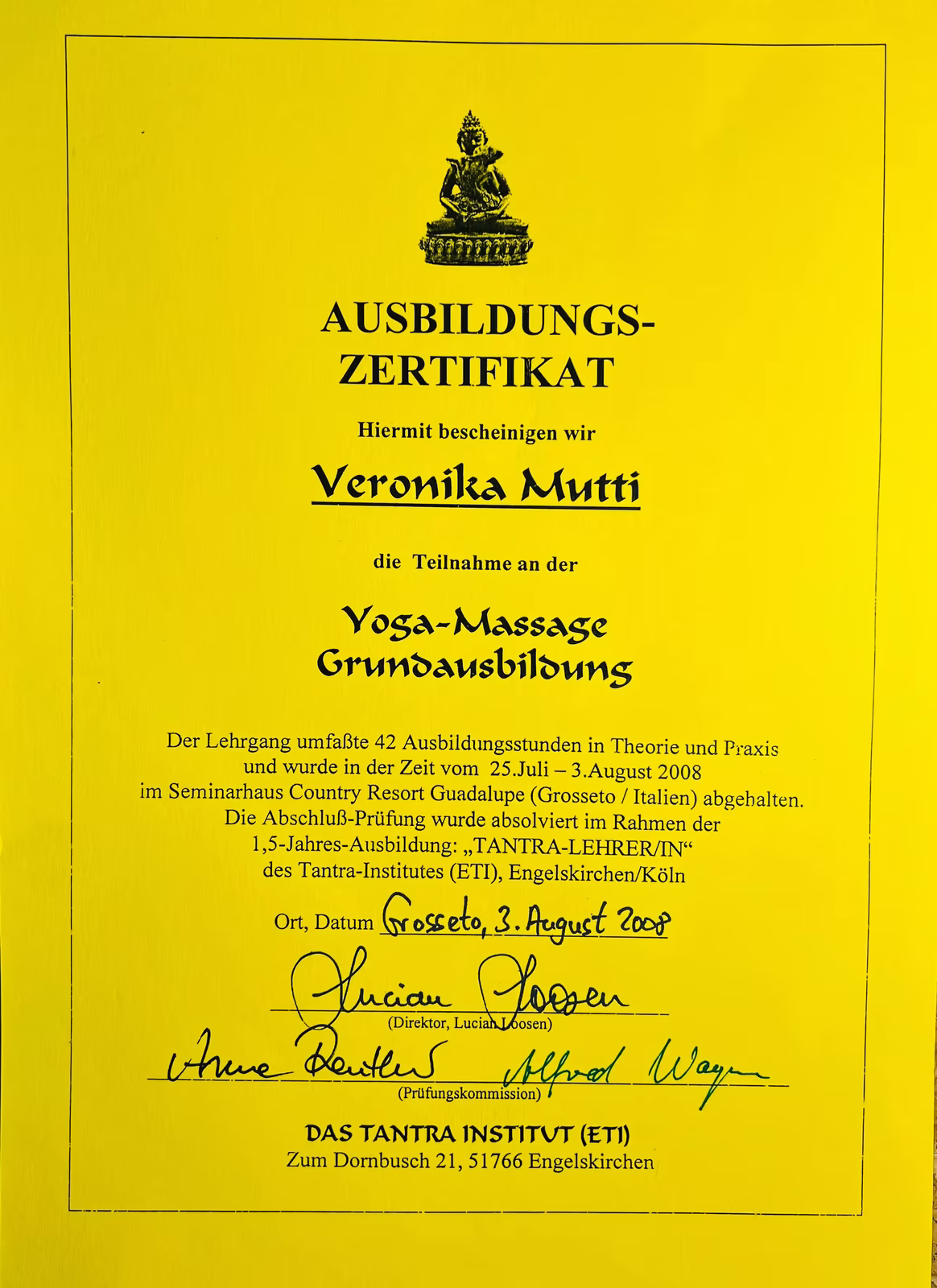 Training certificate for Veronika Mutti on participation in the basic yoga massage training with 42 training hours from 25 July to 3 August 2008 in Grosseto, Italy, from the Tantra institute ETI, Engelskirchen.