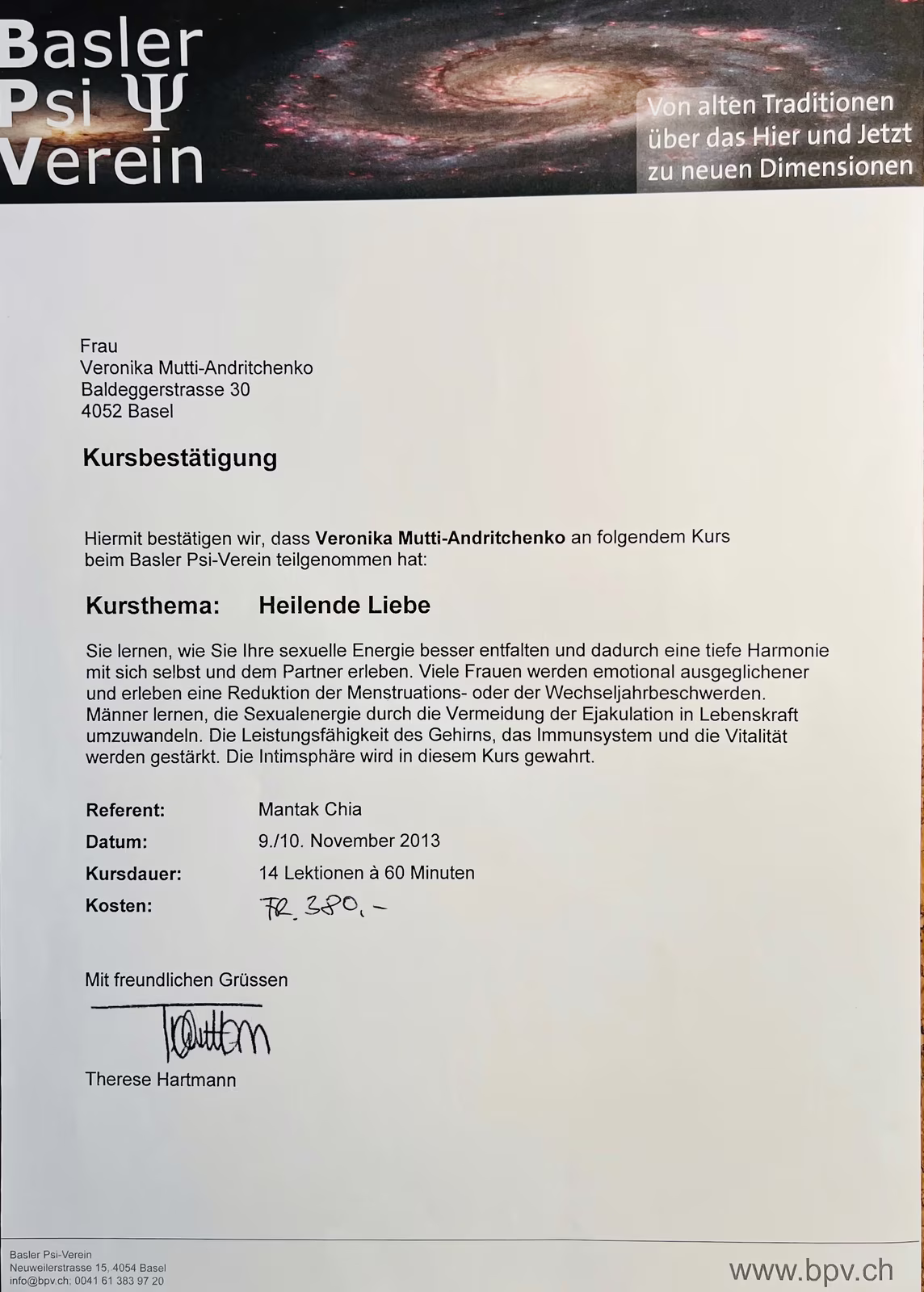 Course confirmation of the Basler Psi-Verein for Veronika Mutti-Andritchenko for the course Healing Love with speaker Mantak Chia, dated 9 and 10 November 2013, 14 lessons of 60 minutes, cost CHF 380, signed by Therese Hartmann.