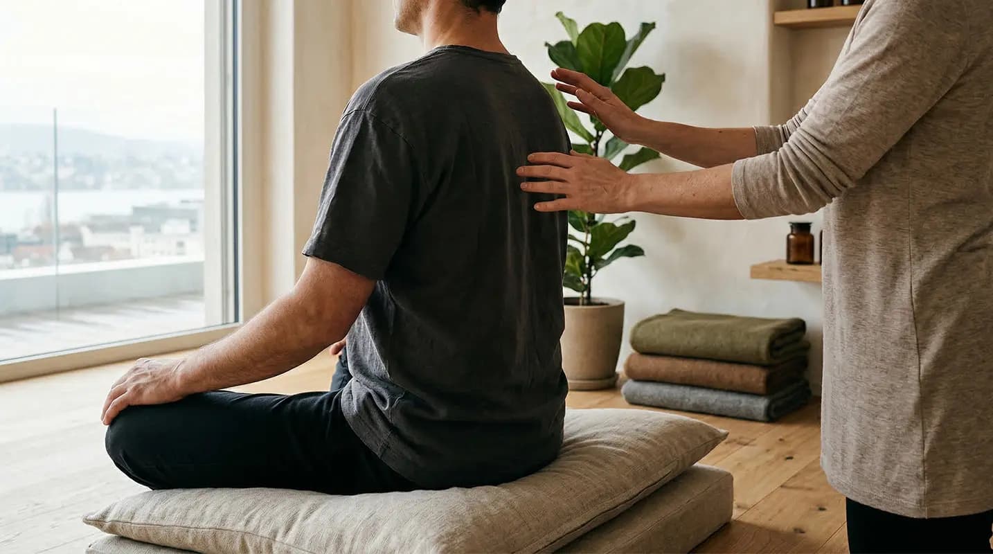 A person lies on a treatment table while a therapist places her hands on the upper body. Genuine energy work.