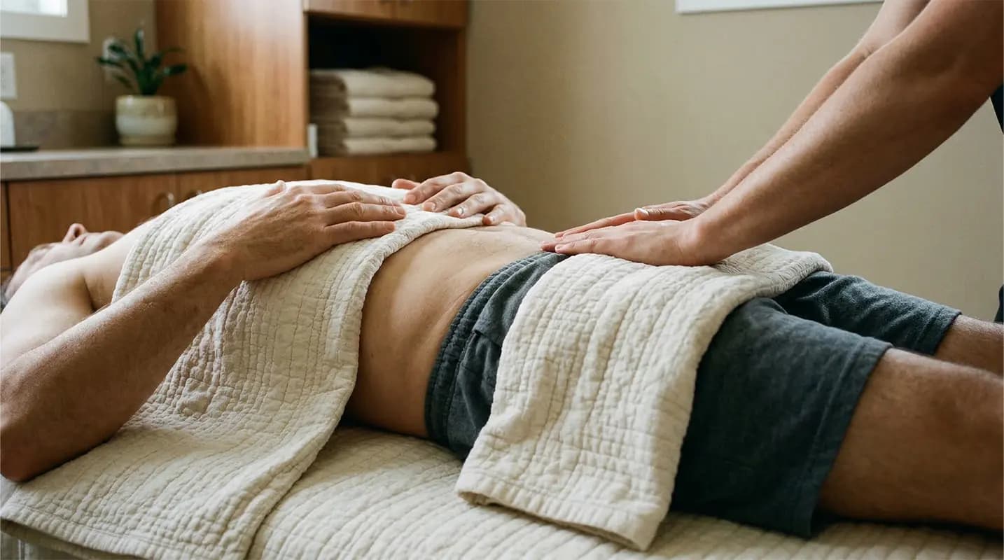 A person lies on a treatment table during a prostate massage, the upper body covered with a cloth.