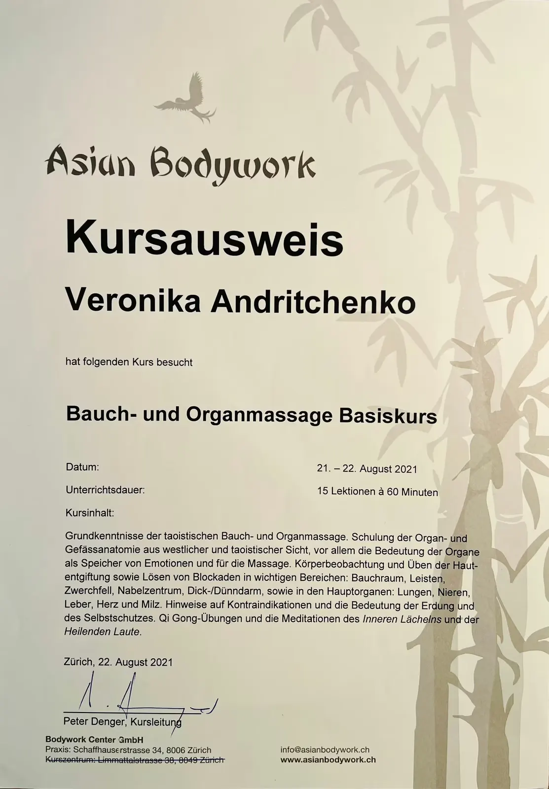 Course certificate from Asian Bodywork for Veronika Andritchenko for the basic course in abdominal and organ massage, course dates 21 to 22 August 2021, with details of the course content.