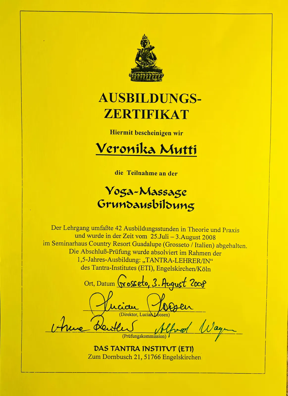 Training certificate for Veronika Mutti on participation in the basic yoga massage training with 42 training hours from 25 July to 3 August 2008 in Grosseto, Italy, from the Tantra institute ETI, Engelskirchen.