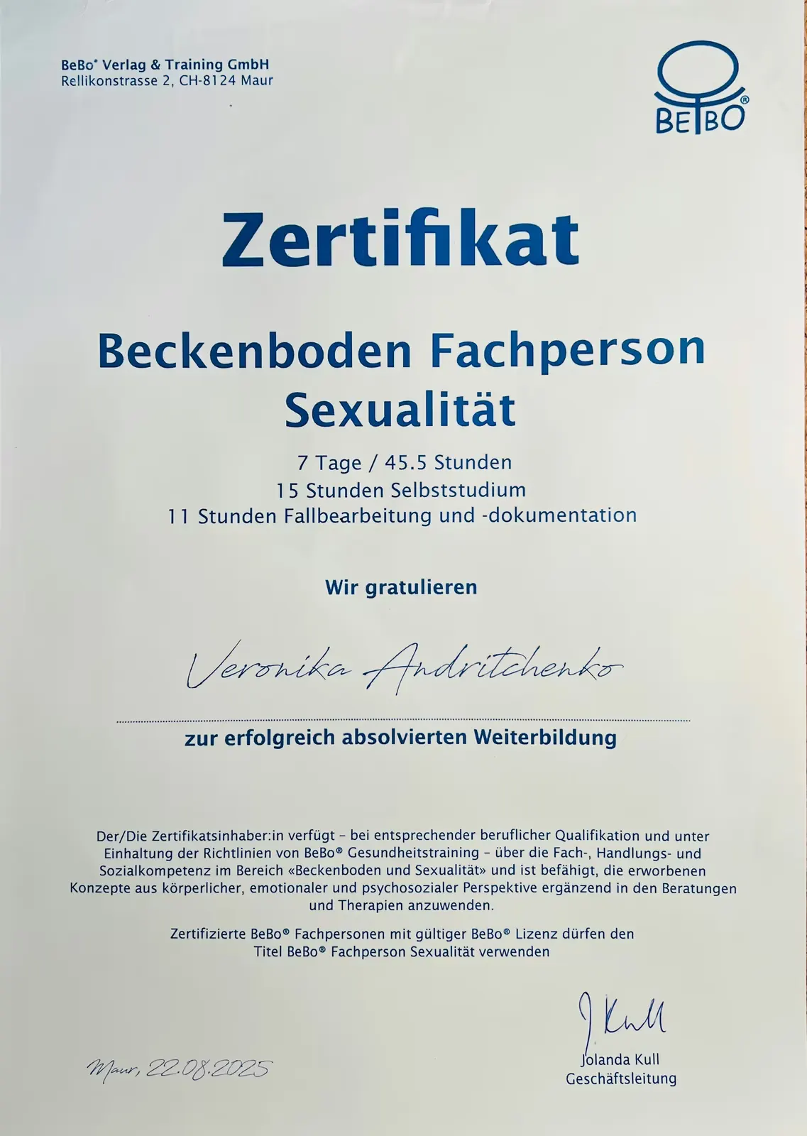 Certificate for Veronika Andritchenko as pelvic floor specialist in sexuality with details of the further training and signature of Jolanda Kull.
