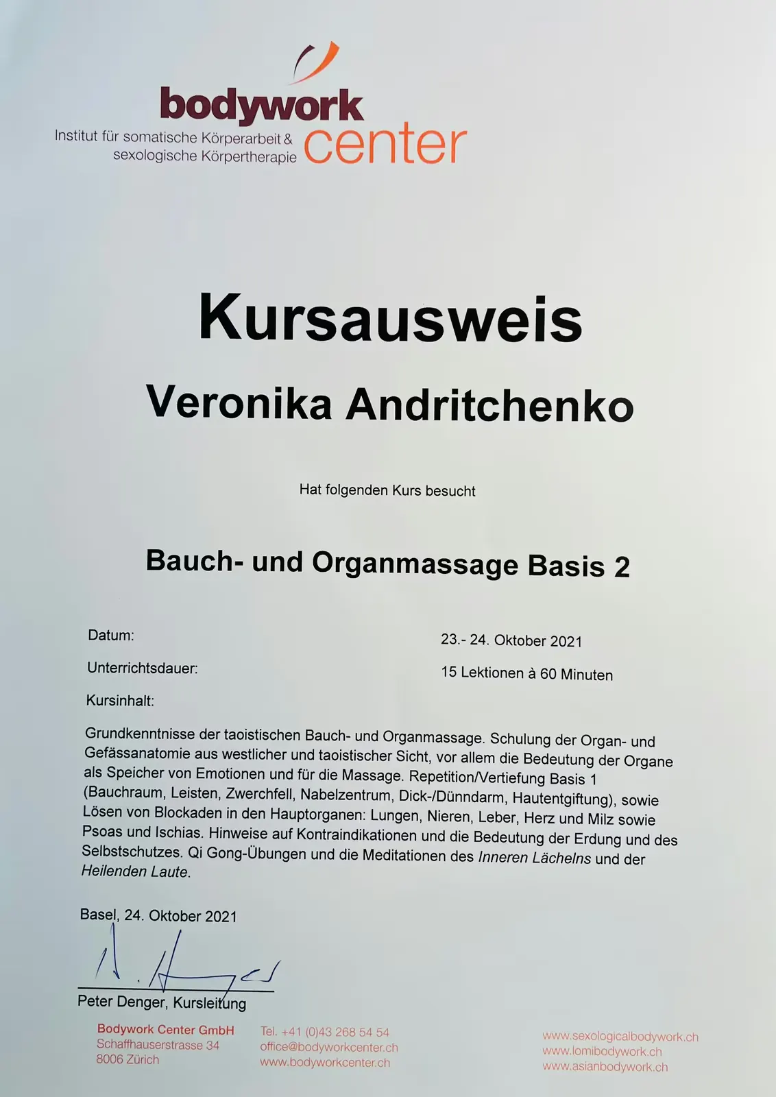 Course certificate for Veronika Andritchenko for the course abdominal and organ massage Basis 2, dated 23 to 24 October 2021, with detailed course description and signature of Peter Denger.