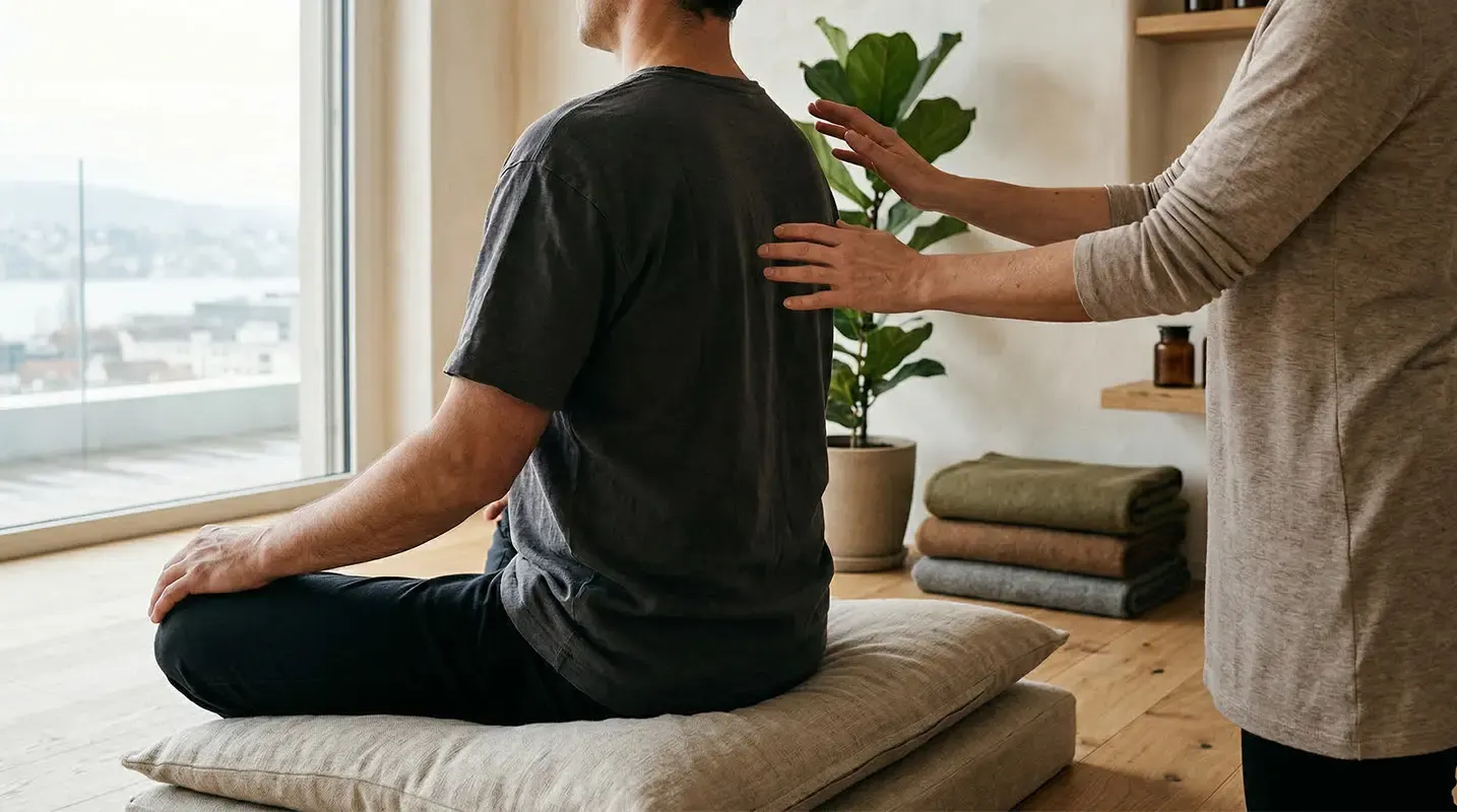 A person lies on a treatment table while a therapist places her hands on the upper body. Genuine energy work.