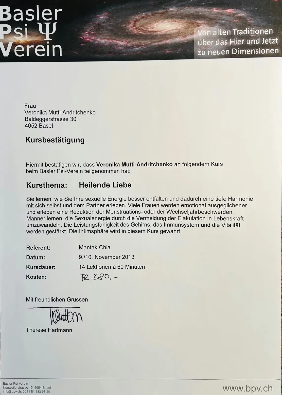 Course confirmation of the Basler Psi-Verein for Veronika Mutti-Andritchenko for the course Healing Love with speaker Mantak Chia, dated 9 and 10 November 2013, 14 lessons of 60 minutes, cost CHF 380, signed by Therese Hartmann.